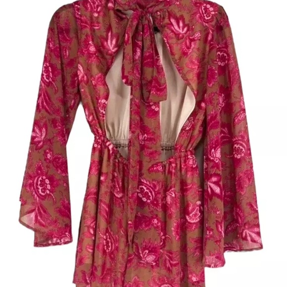 Free People Homemade Imani Floral Bell Sleeve Open Back Romper Dress Pink Medium - Picture 3 of 9